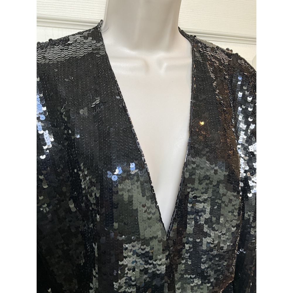 Vintage Black Sequin Blazer Jacket Single Button V-Neck Evening Party Shimmer - Picture 6 of 16